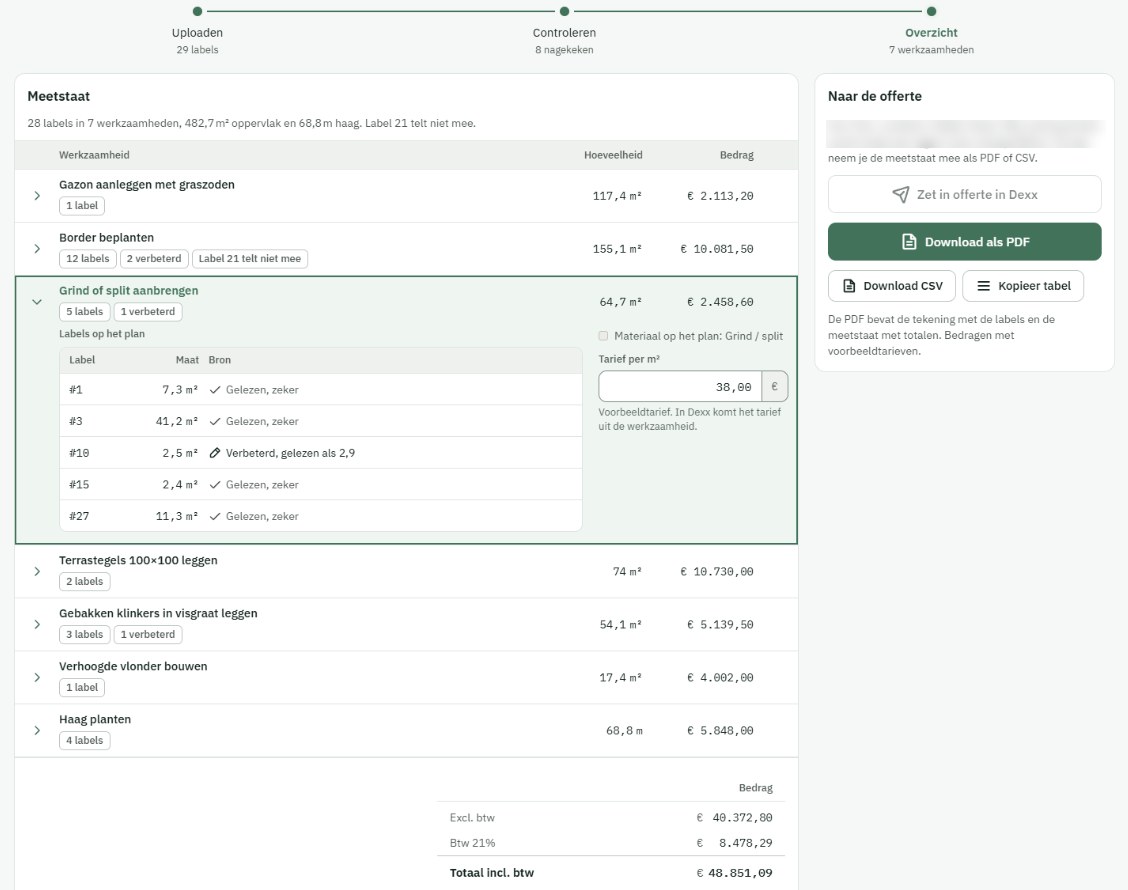 Stap 3: de meetstaat met zeven werkzaamheden, hoeveelheden en bedragen